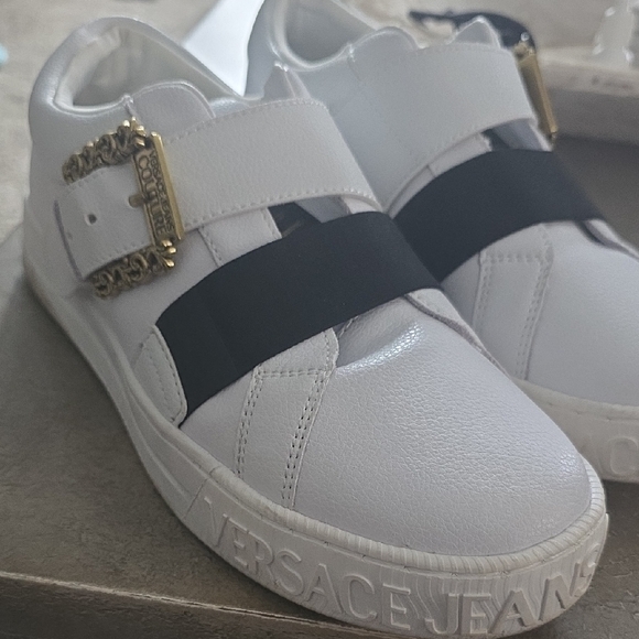 Versace Jeans Collection White Sneakers with Black Strap & Gold Buckle